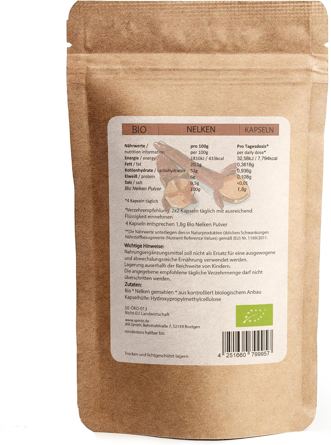 Rückseite der SPINTZ Bio Nelken Kapseln Verpackung mit Nährwertangaben und Verzehrempfehlung