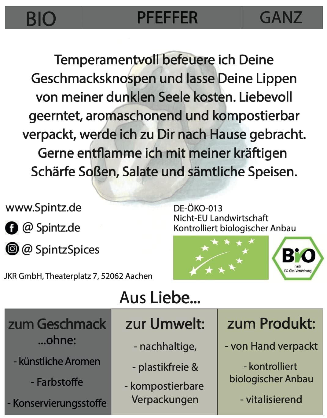 Rückseite der SPINTZ Bio Pfeffer Verpackung mit Bio-Zertifizierung, Nährwertangaben und Herstelleradresse