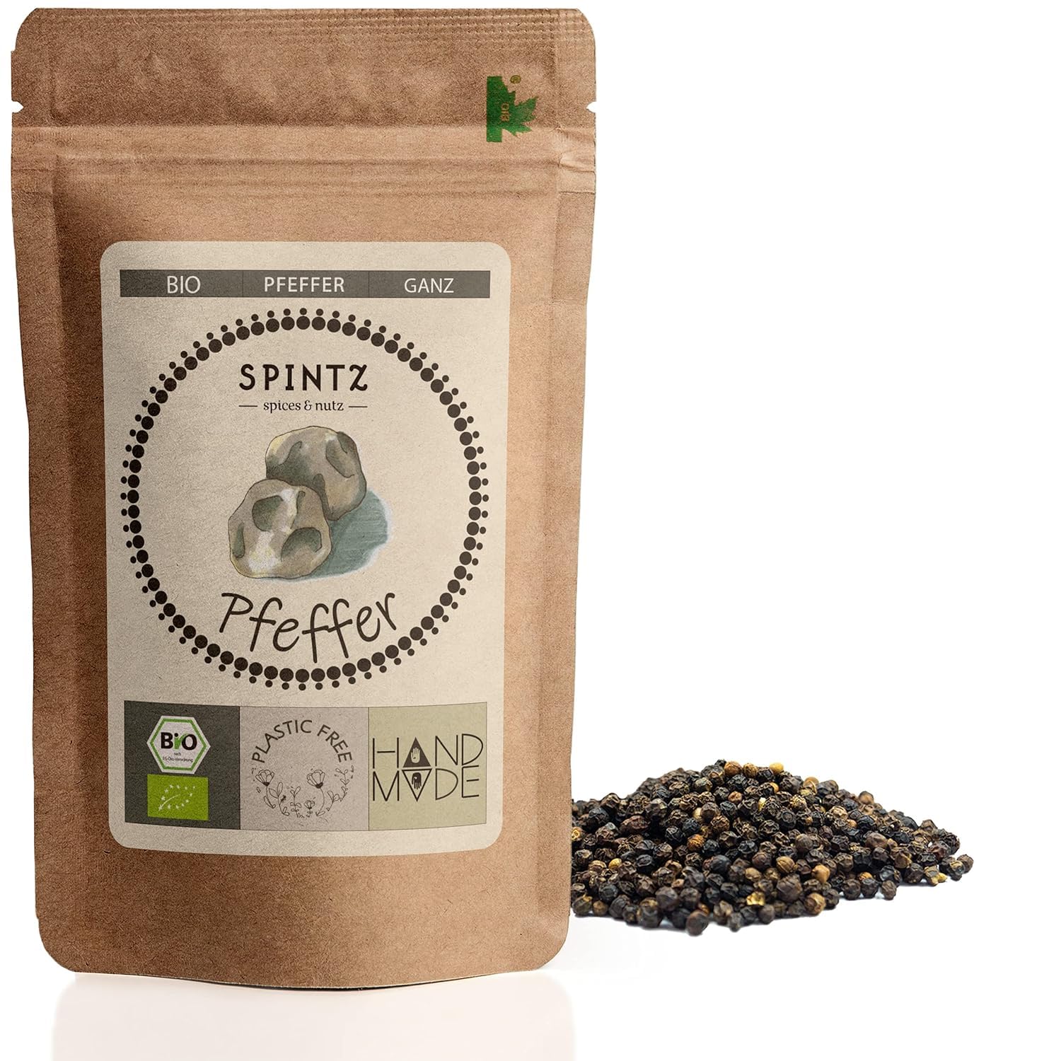 SPINTZ Bio Schwarzer Pfeffer im nachhaltigen Doypack – ganze Pfefferkörner aus biologischem Anbau