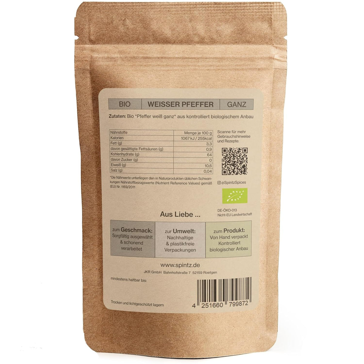 Rückseite des SPINTZ Bio Weißer Pfeffer Doypacks mit Nährwertangaben, Bio-Siegel und Herkunftsangaben