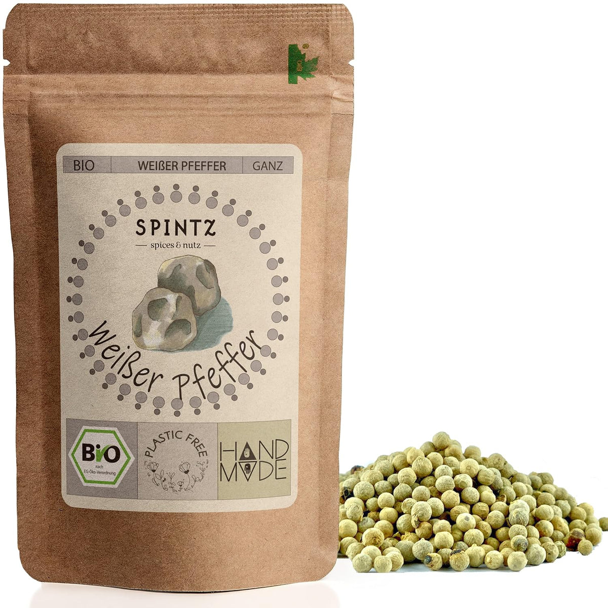SPINTZ Bio Weißer Pfeffer ganz im plastikfreien Doypack – handverpackt, aromatisch und aus kontrolliert biologischem Anbau