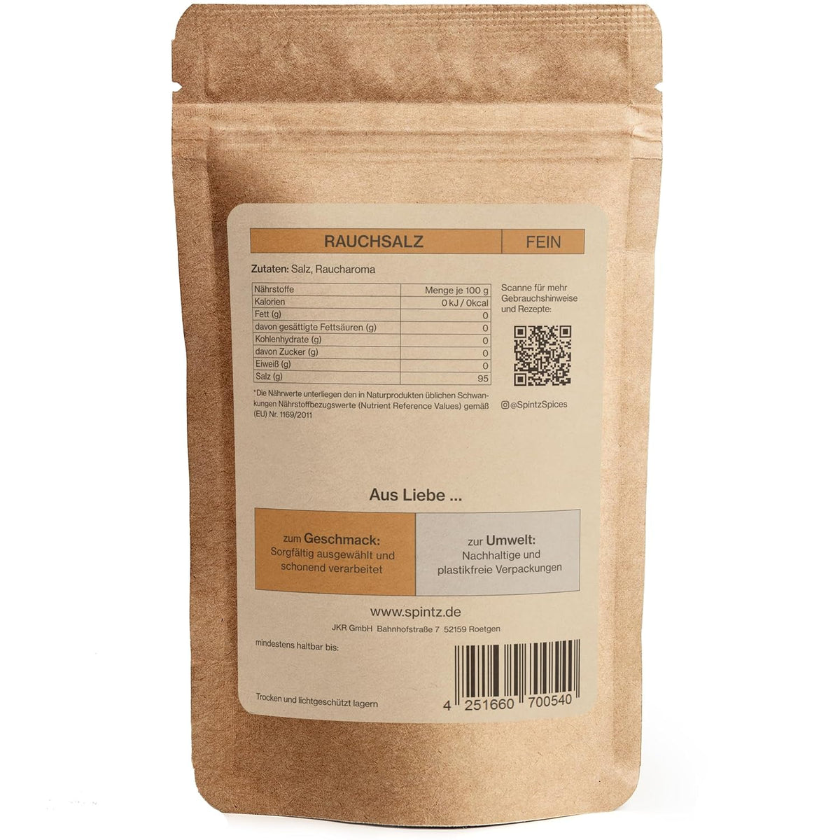 Rückseite der SPINTZ Bio Rauchsalz Verpackung mit Bio-Kontrollstelle, Inhaltsangaben und Herstelleradresse