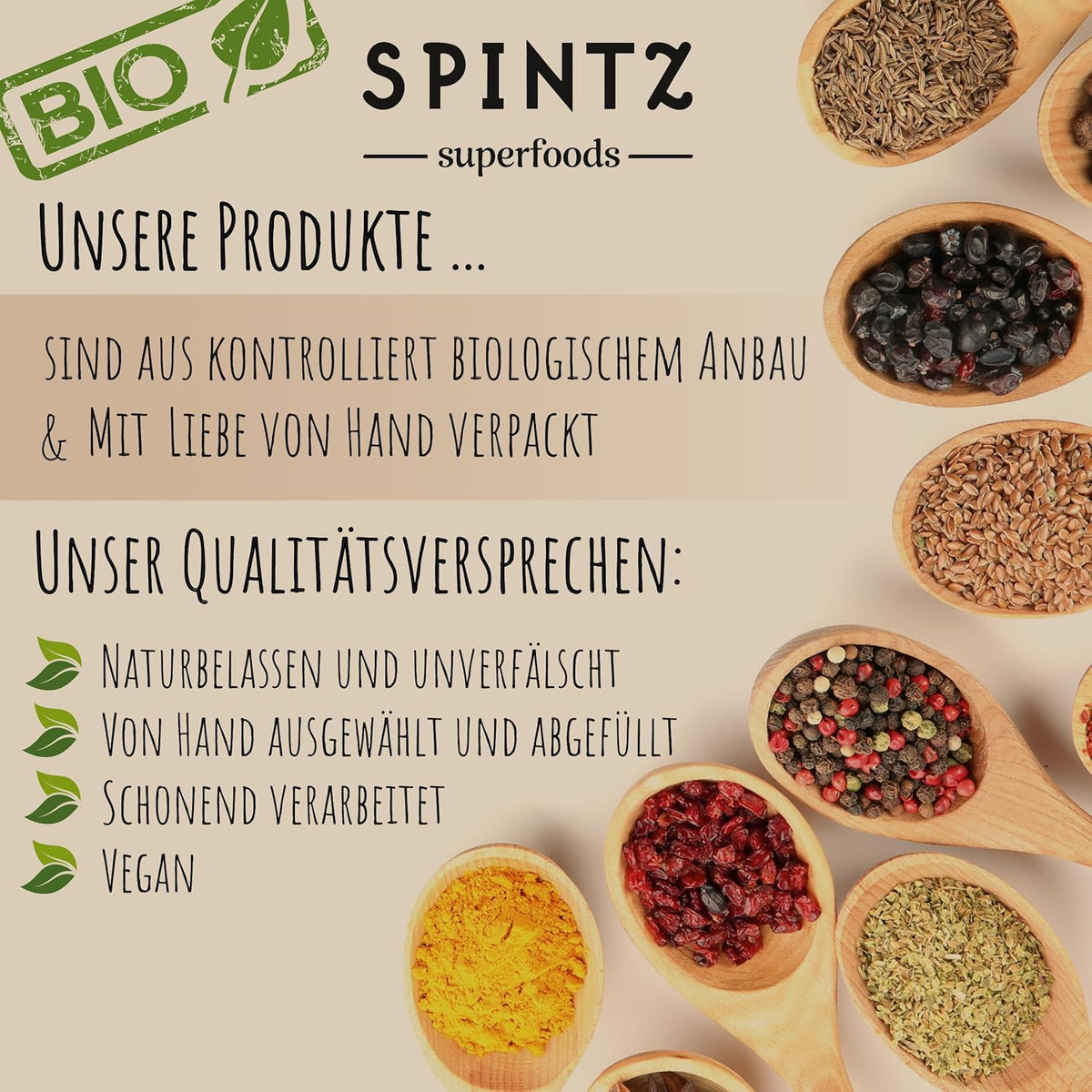 SPINTZ Qualitätsversprechen – Bio-Produkte ohne Zusatzstoffe, liebevoll von Hand verpackt und vegan