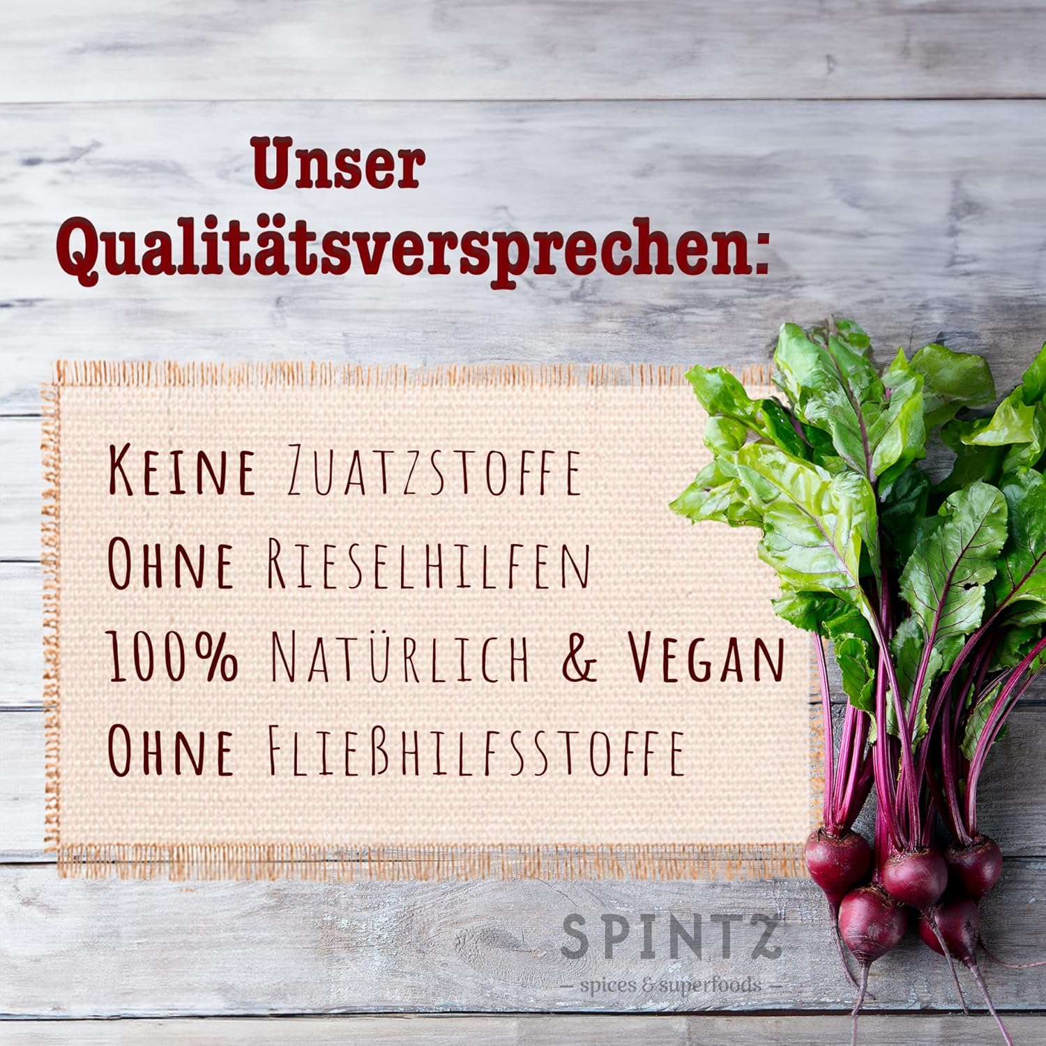 SPINTZ Qualitätsversprechen – keine Zusatzstoffe, keine Rieselhilfen, 100 % natürlich, vegan und ohne Füllstoffe