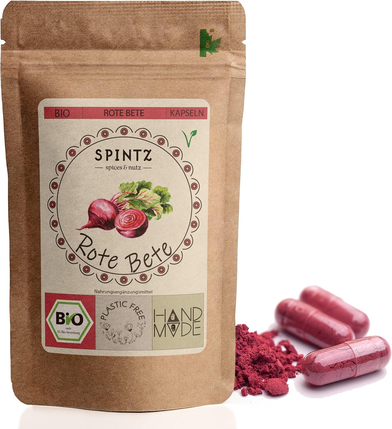 SPINTZ Bio Rote Beete Kapseln im nachhaltigen Doypack – naturreines Superfood aus schonend getrockneter Roter Beete, vegan und handverpackt