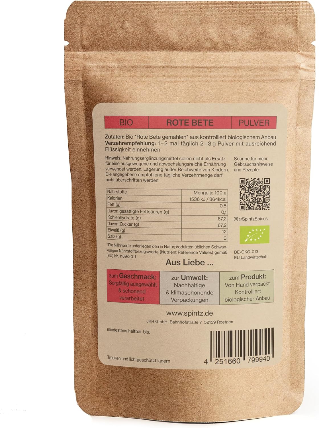 Rückseite des SPINTZ Bio Rote Beete Pulvers – Nährwerte, Anwendungshinweise und nachhaltige Verpackung