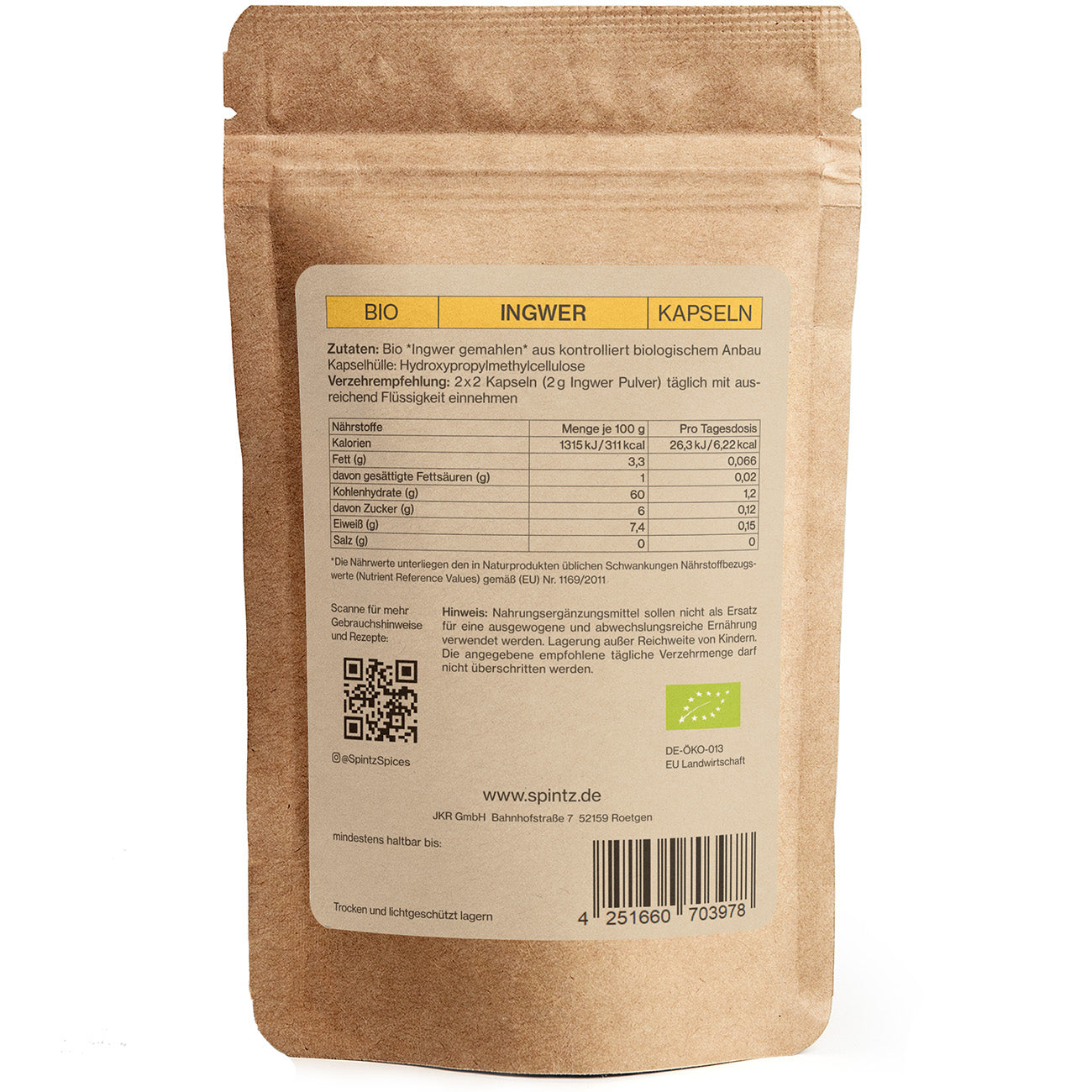 Rückseite der SPINTZ Bio Ingwer Kapseln Verpackung mit Inhaltsstoffen, Nährwerttabelle und Bio-Siegel