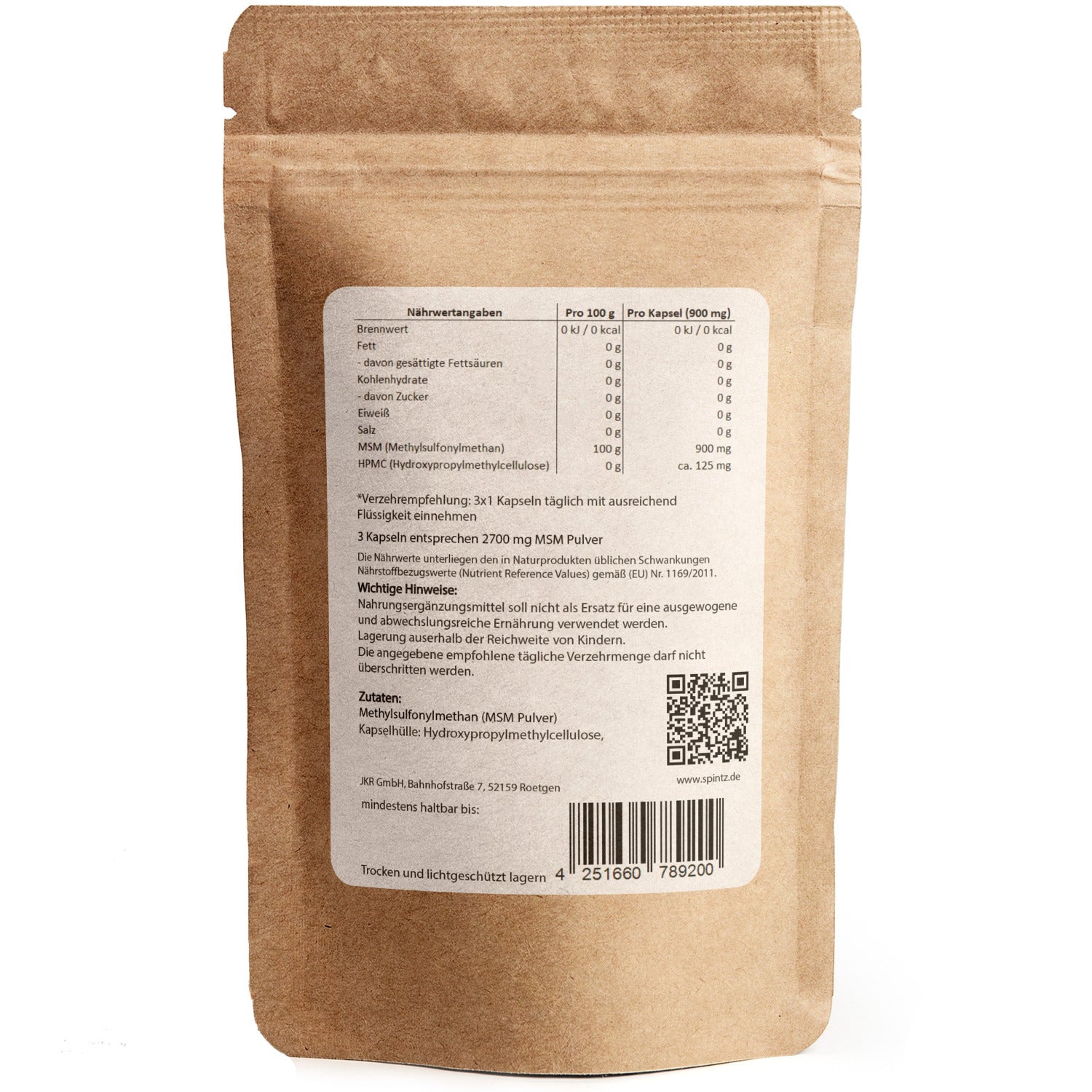 Rückseite der SPINTZ MSM Kapseln Verpackung mit Inhaltsangaben und Bio-Informationen