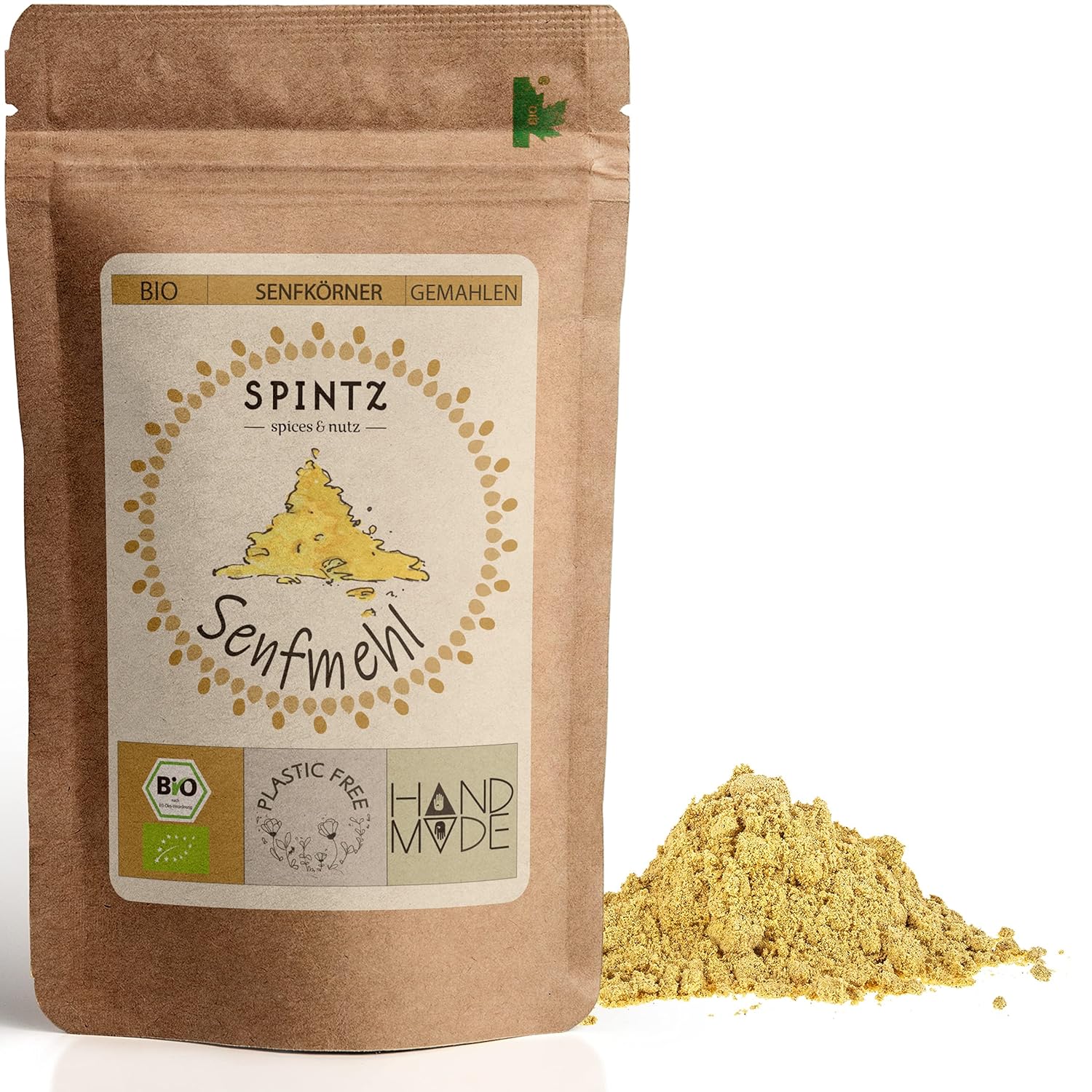 Alt-Text: SPINTZ Bio Senfmehl im plastikfreien Doypack – fein gemahlen, aromatisch und aus biologischem Anbau