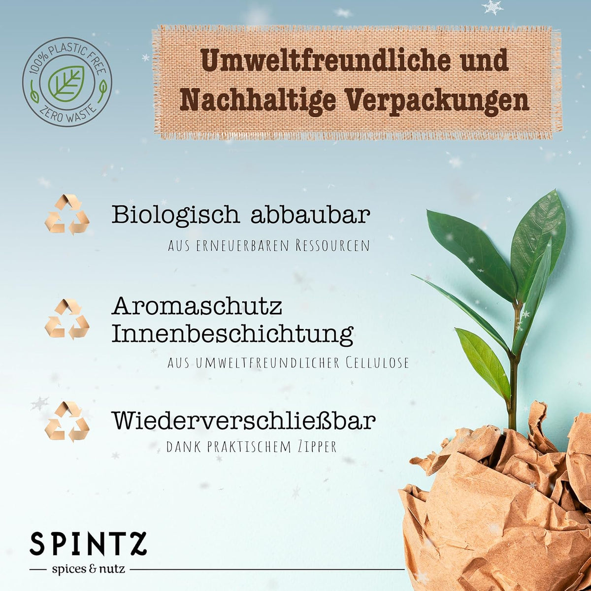 Nachhaltige SPINTZ Verpackung – biologisch abbaubar, aromaschützend und wiederverschließbar aus pflanzlicher Zellulose
