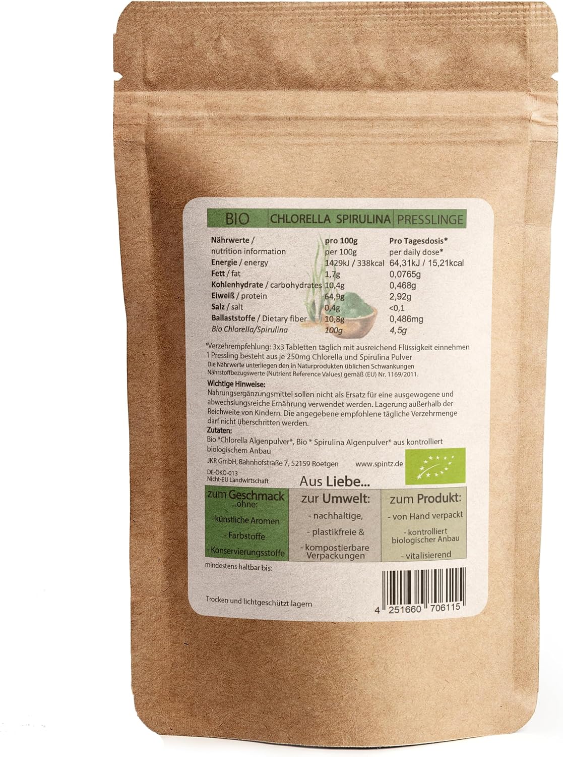 Rückseite der SPINTZ Bio Chlorella Verpackung mit Nährwertangaben und Bio-Zertifizierung