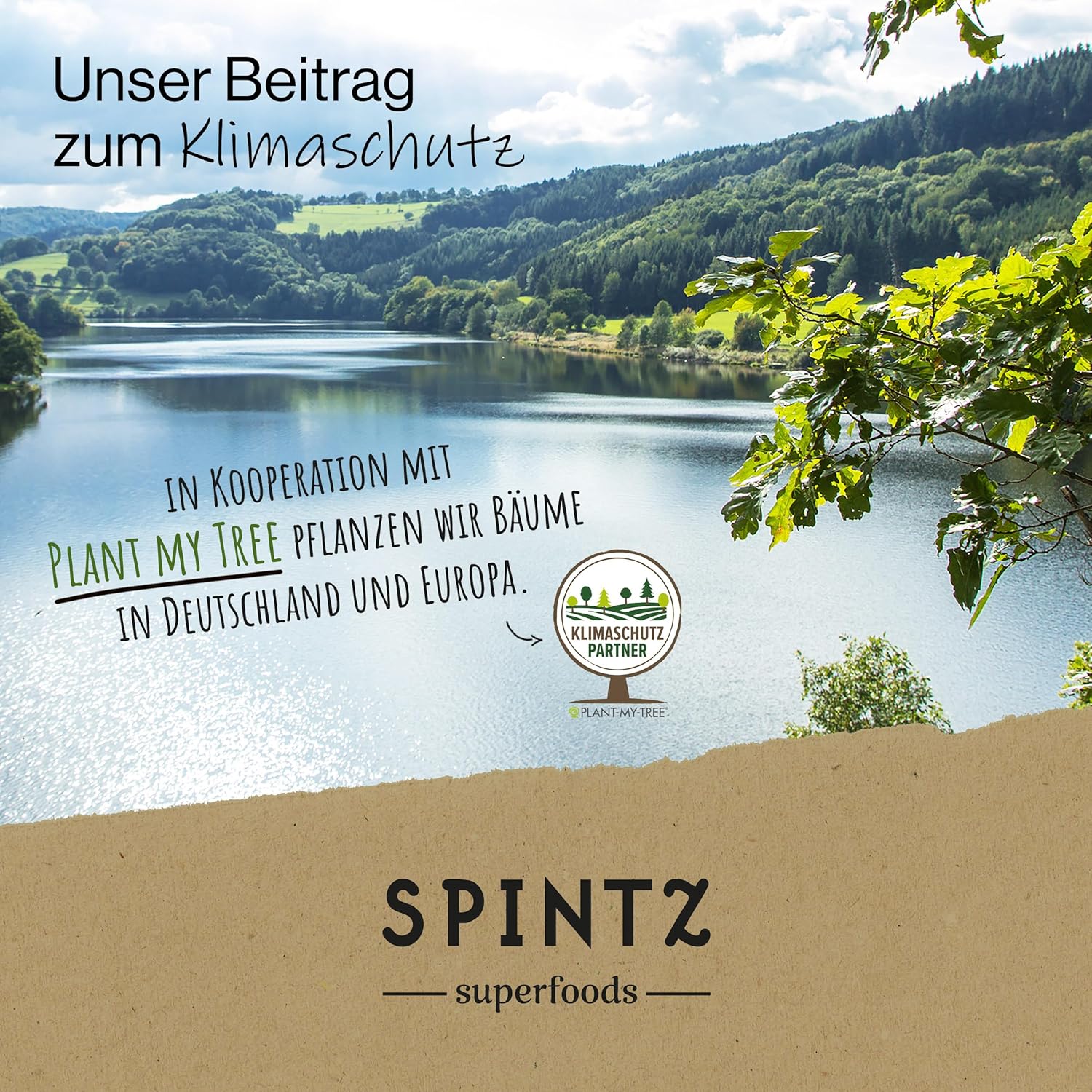 SPINTZ Bio-Superfoods Beitrag zum Klimaschutz – Naturaufnahme eines Sees in Deutschland, Kooperation mit Plant My Tree, nachhaltiges Engagement durch Baumpflanzungen in Deutschland und Europa, klimafreundliche Markenbotschaft