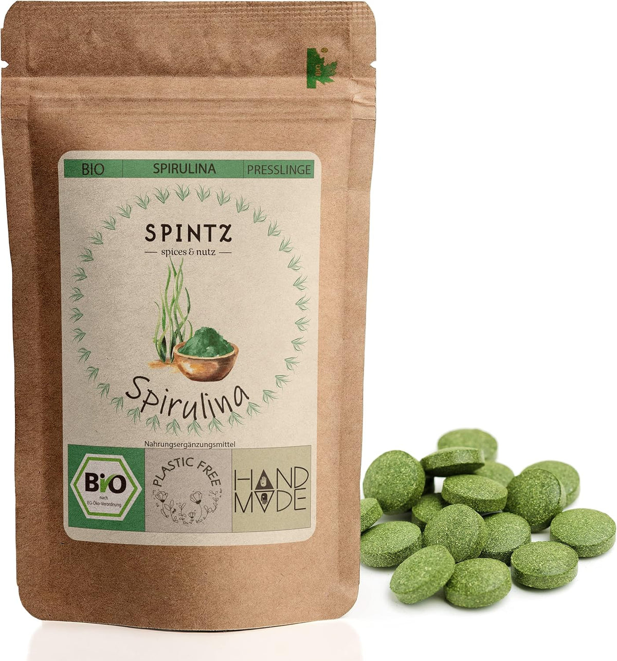 SPINTZ Bio Spirulina Presslinge im plastikfreien Doypack – 100 % naturbelassen und aus kontrolliert biologischem Anbau
