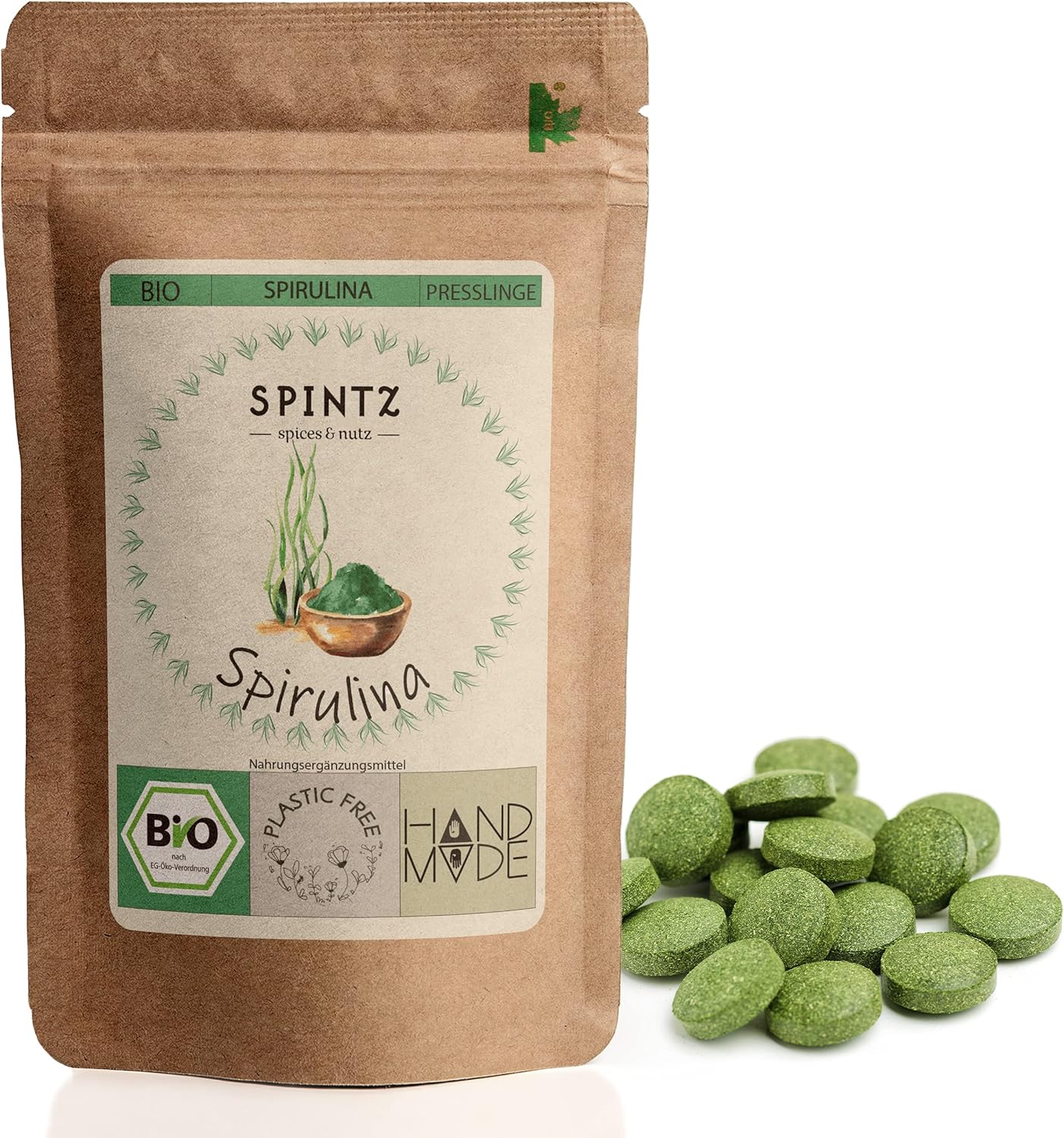 SPINTZ Bio Spirulina Presslinge im plastikfreien Doypack – 100 % naturbelassen und aus kontrolliert biologischem Anbau