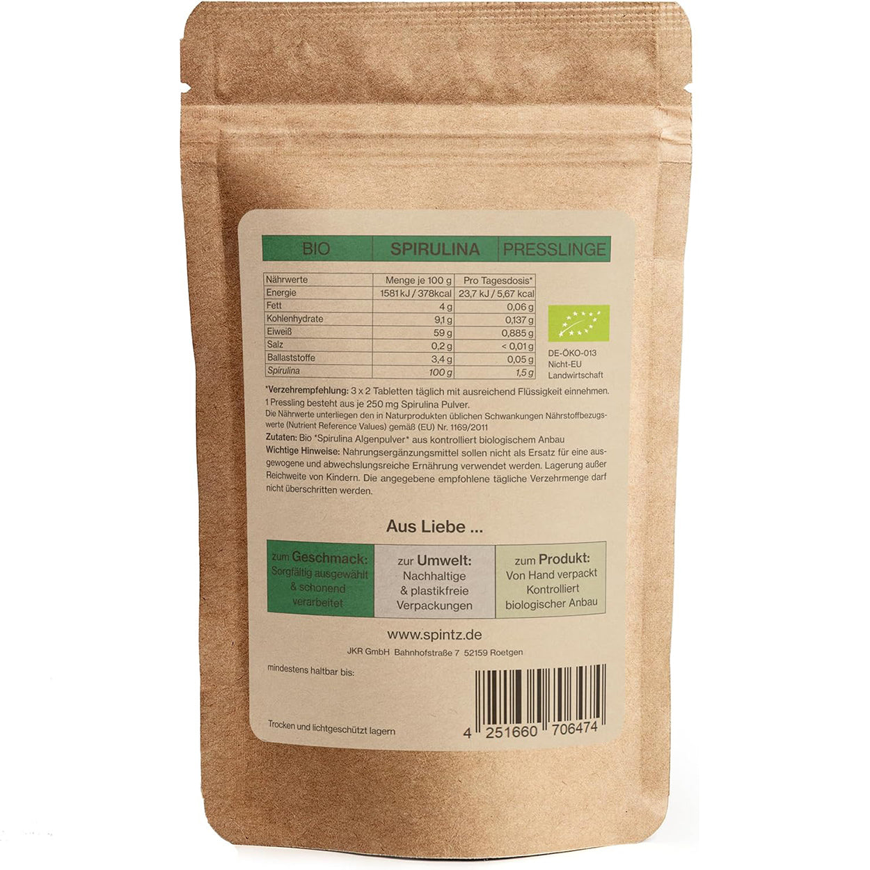 Rückseite der SPINTZ Bio Spirulina Verpackung mit Zutaten, Bio-Siegel und Nährwertangaben