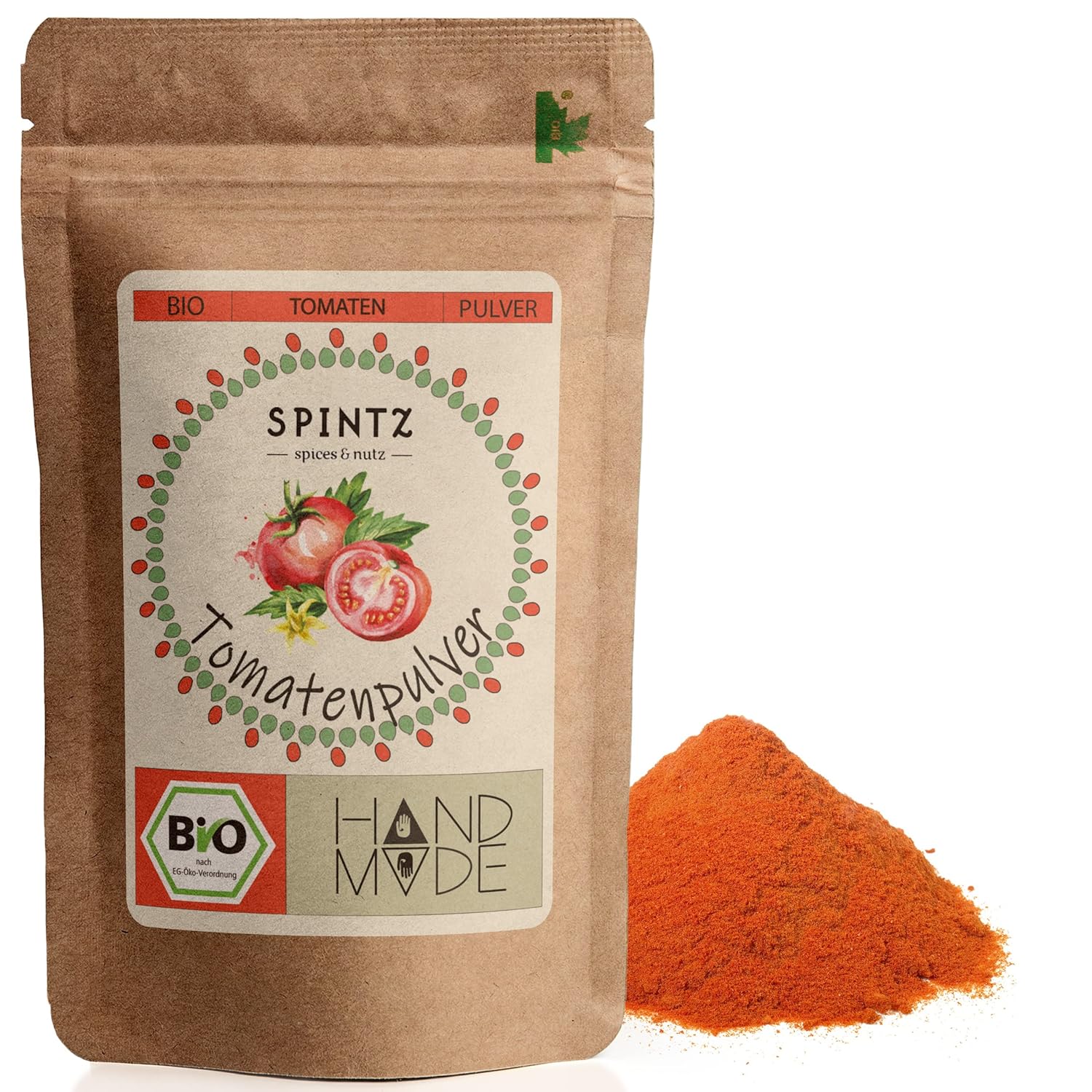 SPINTZ Bio Tomatenpulver im plastikfreien Doypack – fruchtig, intensiv rot und 100 % naturbelassen