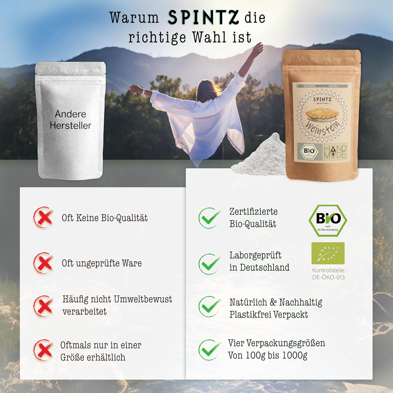 Warum SPINTZ die richtige Wahl ist – Bio-Qualität, naturreines Weinsteinpulver, plastikfreie Verpackung und Herstellung in Deutschland