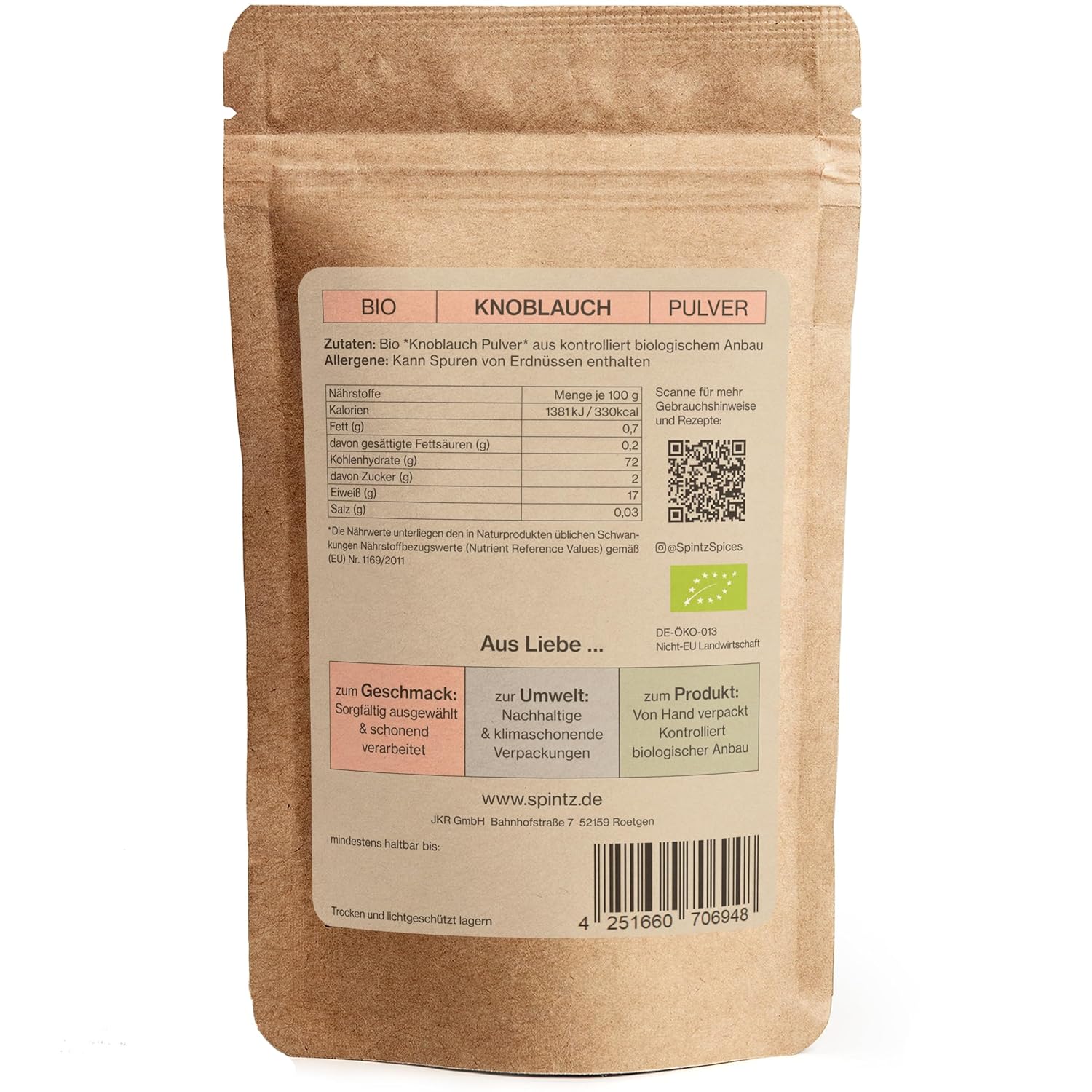 Rückseite der SPINTZ Bio Knoblauchpulver Verpackung mit Zutaten, Nährwertangaben und Bio-Siegel