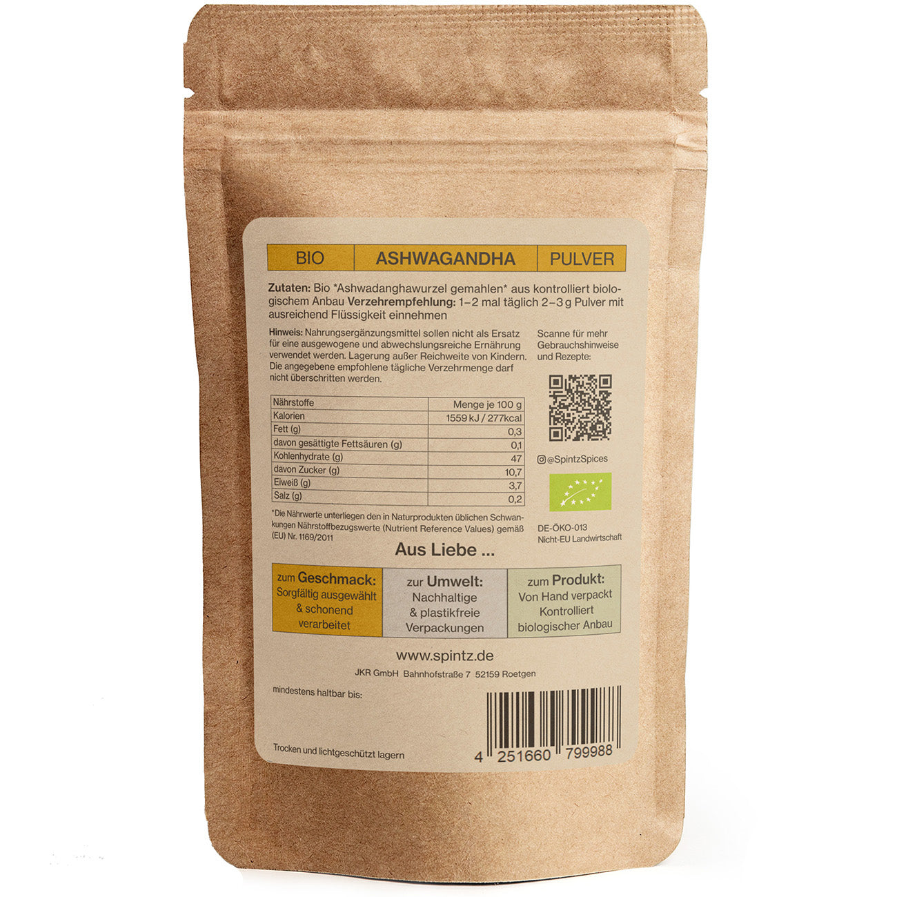 Rueckseite von Spintz Bio-Ashwagandha im kartonfarbenen, plastikfreien Doypack vor weissem Hintergrund