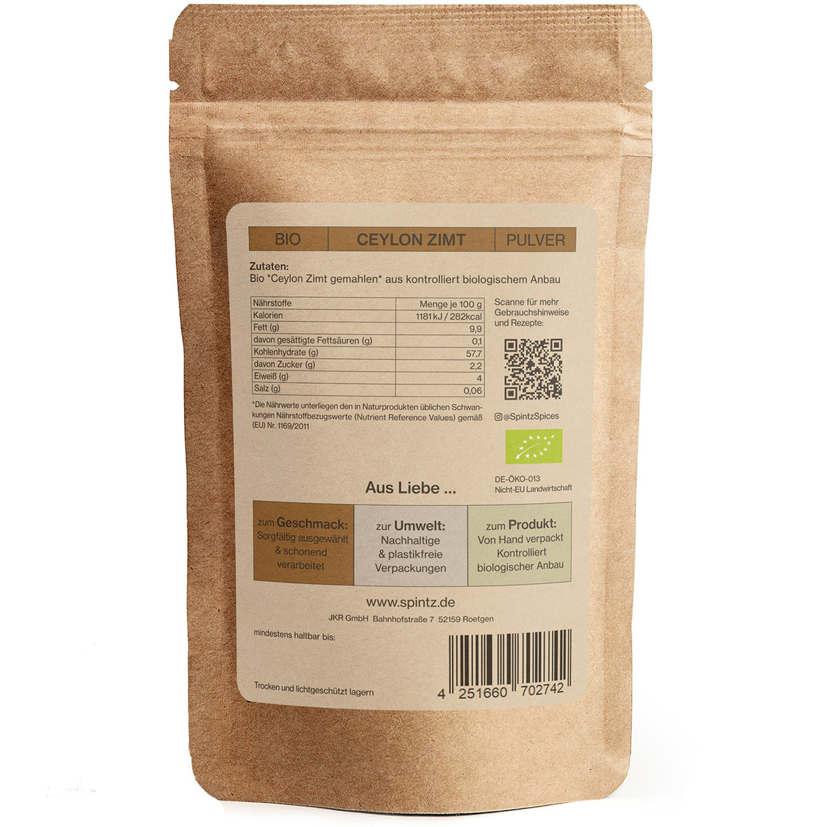 Rueckseite von Spintz Bio-Ceylon Zimt im kartonfarbenen, plastikfreien Doypack vor weissem Hintergrund