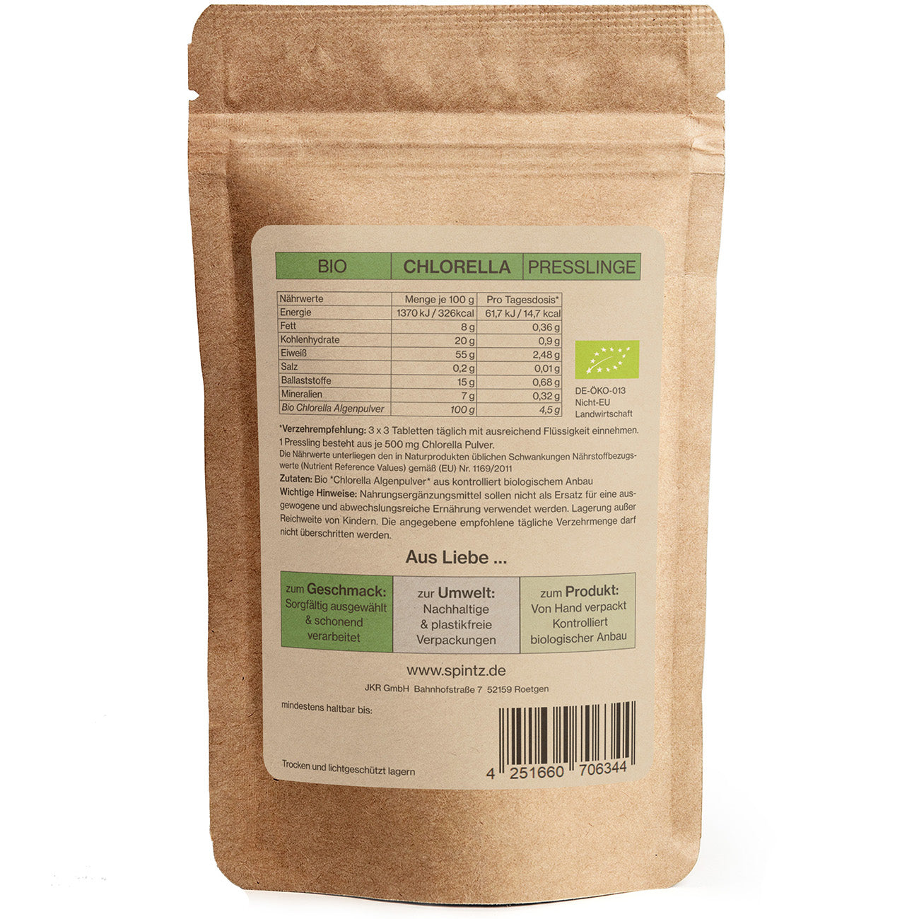 Rueckseite von Spintz Bio-Chlorella Presslinge im kartonfarbenen, plastikfreien Doypack vor weissem Hintergrund