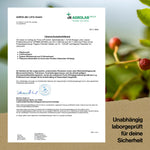 Zertifikat der AGROLAB LUFA GmbH vom 29.11.2024 mit dem Titel „Untersuchungsbestätigung“. Es bestätigt die Analyse von „Organic Chlorella Tablets“. Das Dokument enthält Firmenlogo, Prüfdetails, Unterschrift und Stempel. Im Hintergrund ist unscharf eine Pflanze zu sehen, daneben der Schriftzug: „Unabhängig laborgeprüft für deine Sicherheit“.