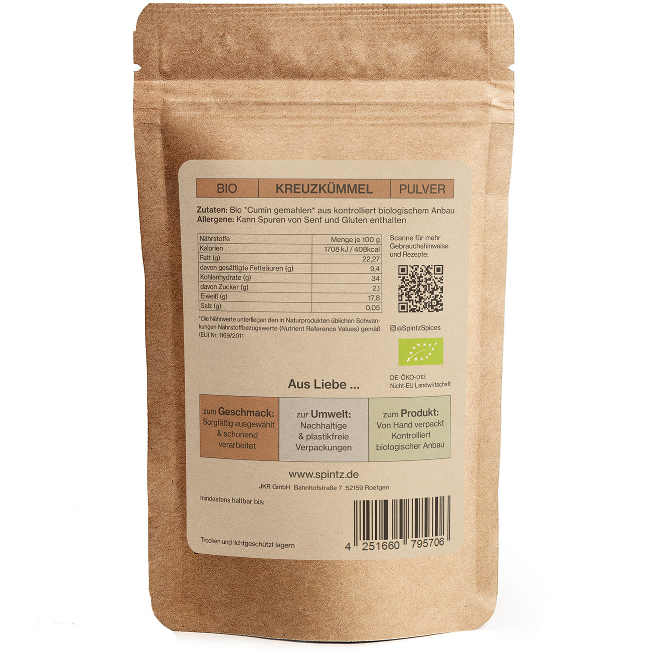 Rueckseite von Spintz Bio-Cumin Pulver im kartonfarbenen, plastikfreien Doypack vor weissem Hintergrund
