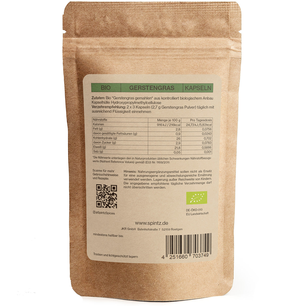 Rückseite der SPINTZ Bio Gerstengras Verpackung mit Nährwertangaben, Zutaten und Verzehrempfehlung