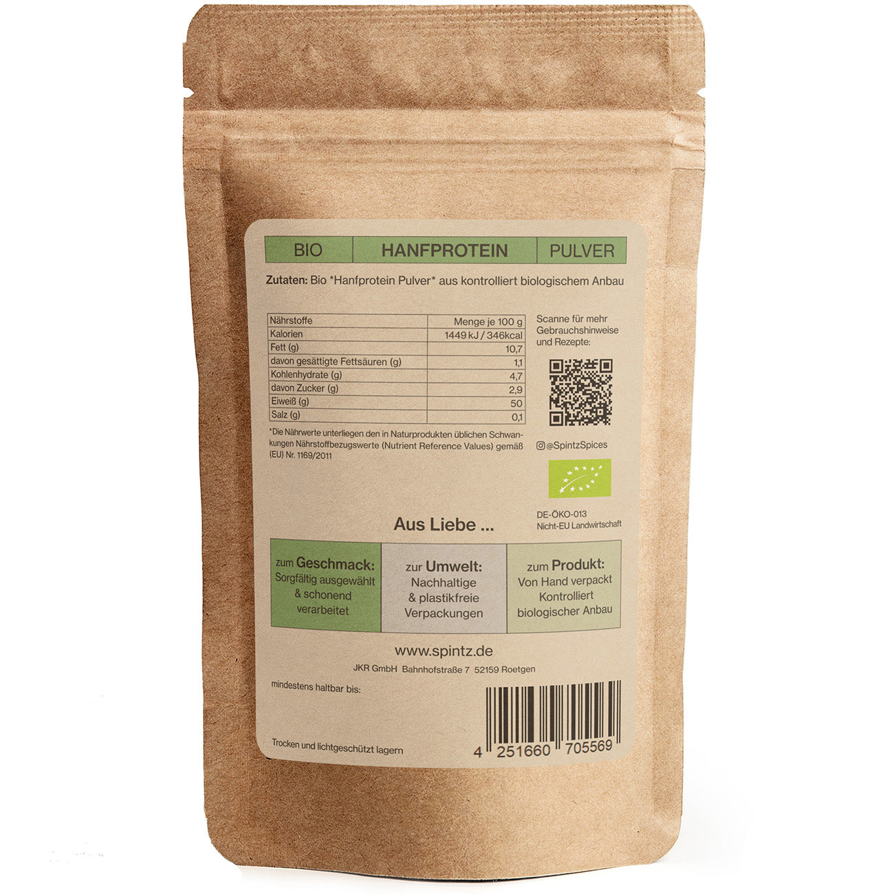 Rueckseite von Spintz Bio-Hanfprotein Pulver im kartonfarbenen, plastikfreien Doypack vor weissem Hintergrund