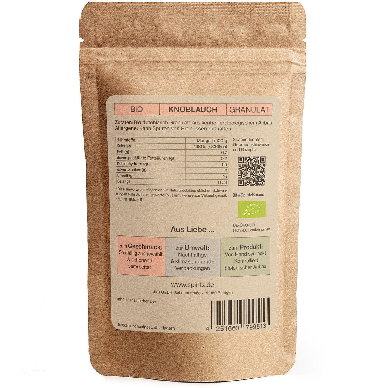 Rueckseite von Spintz Bio-Knoblauch Granulat im kartonfarbenen Doypack vor weissem Hintergrund