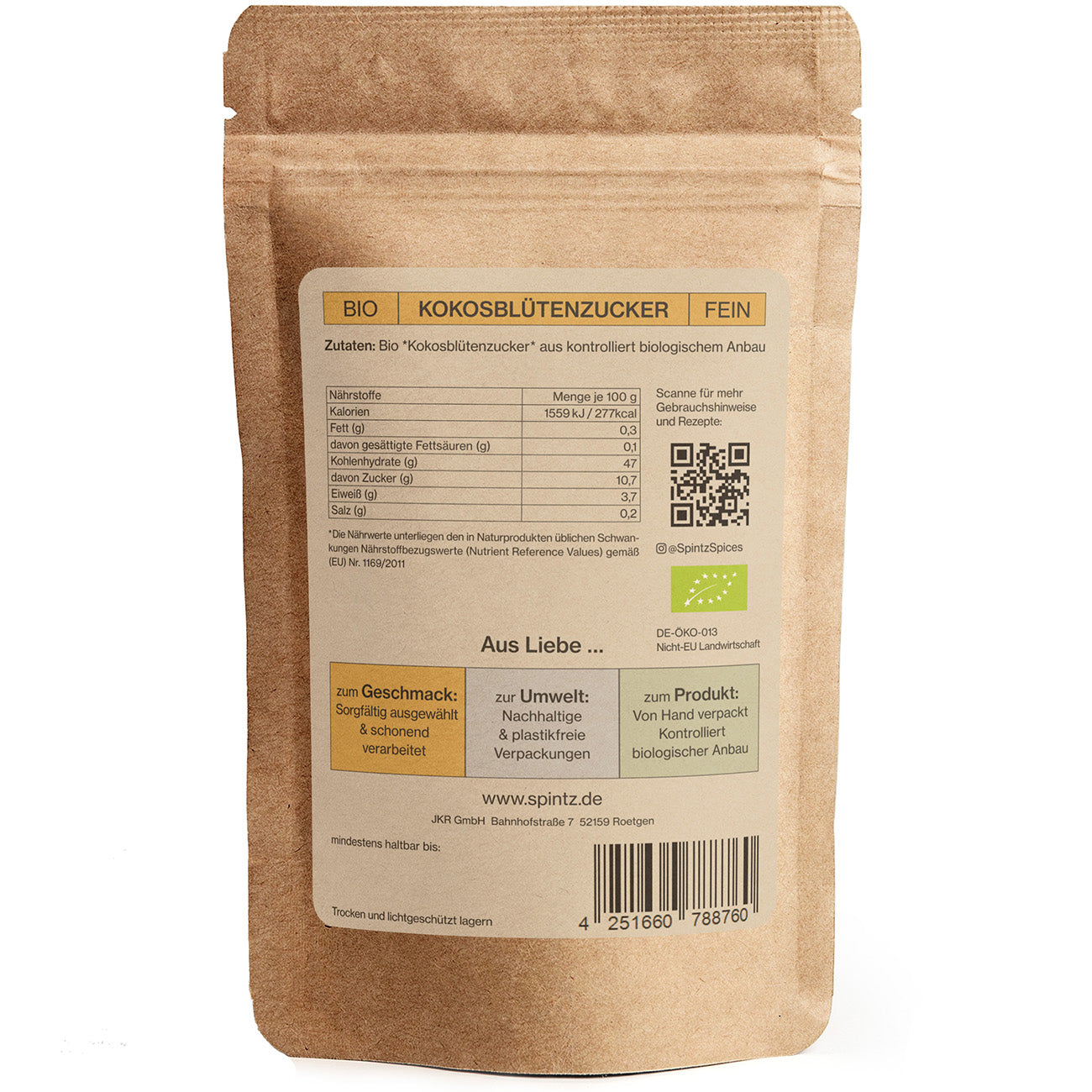 Rückseite der SPINTZ Kokosblütenzucker Verpackung mit Bio-Siegel, Herkunft und Anwendungshinweisen
