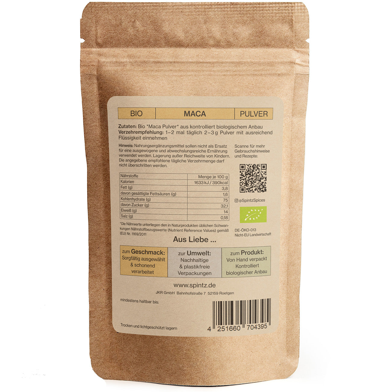 Rueckseite von Spintz Bio-Maca Pulver im kartonfarbenen, plastikfreien Doypack vor weissem Hintergrund