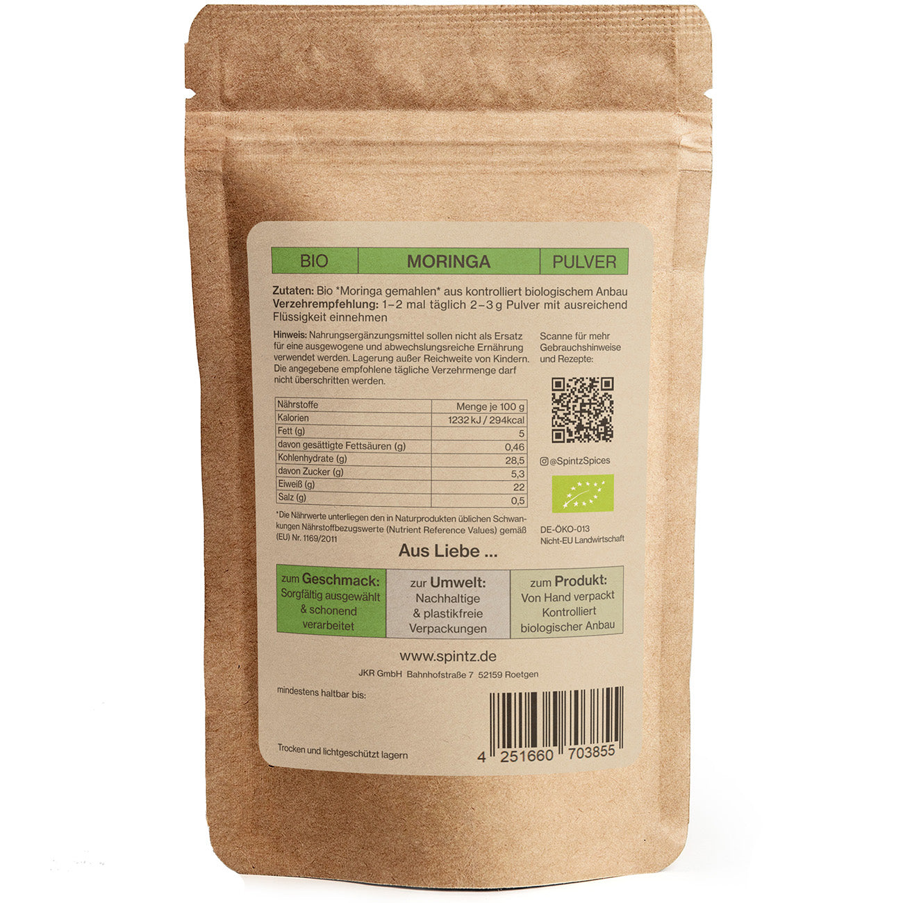 Rueckseite von Spintz Bio-Moringa Pulver im kartonfarbenen, plastikfreien Doypack vor weissem Hintergrund