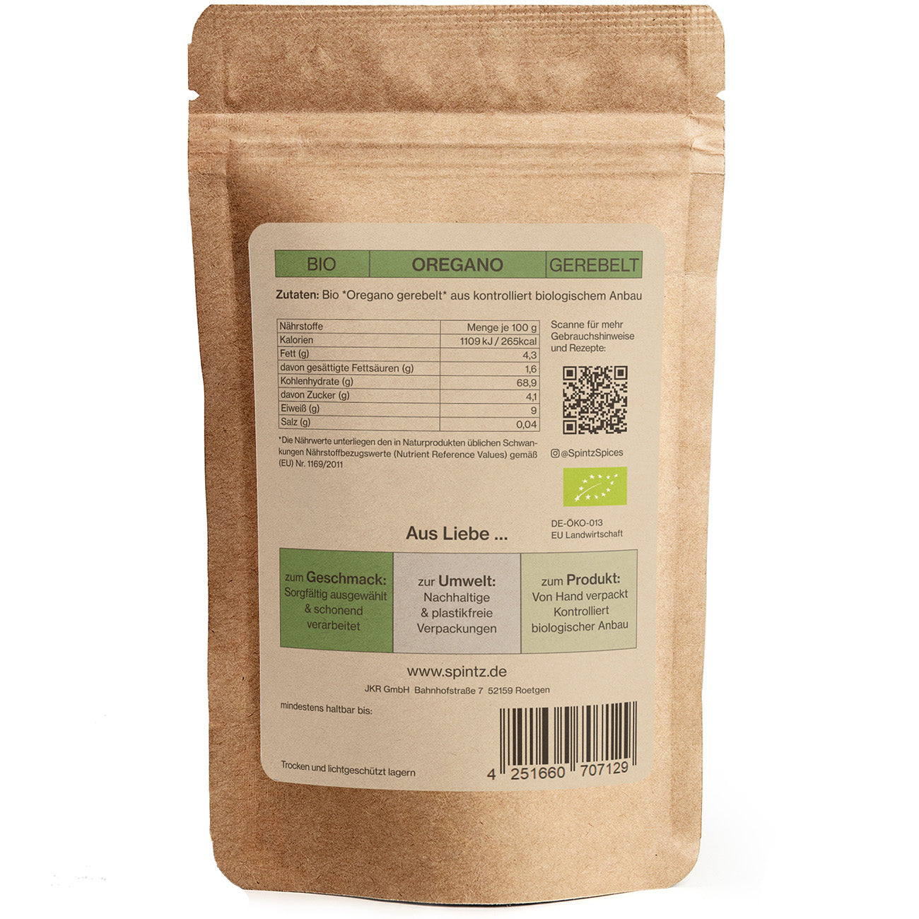 Rueckseite von Spintz Bio-Oregano im kartonfarbenen, plastikfreien Doypack vor weissem Hintergrund