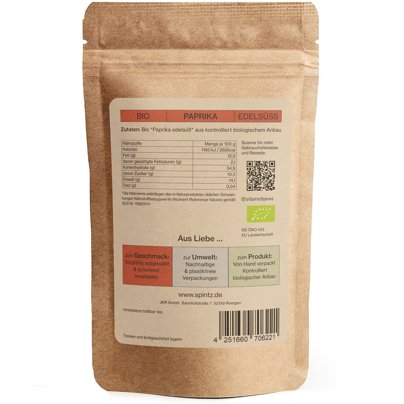 Rueckseite von Spintz Bio-Paprika edelsuess im kartonfarbenen, plastikfreien Doypack vor weissem Hintergrund