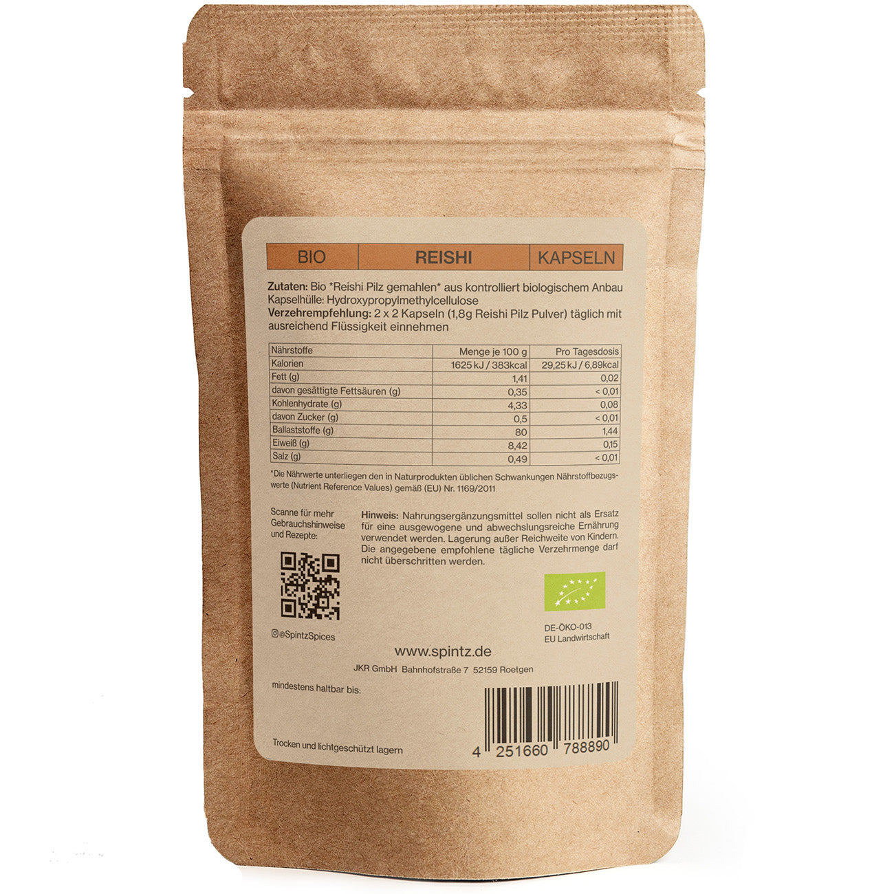Rueckseite von Spintz Bio-Reishi Kapseln im kartonfarbenen, plastikfreien Doypack vor weissem Hintergrund
