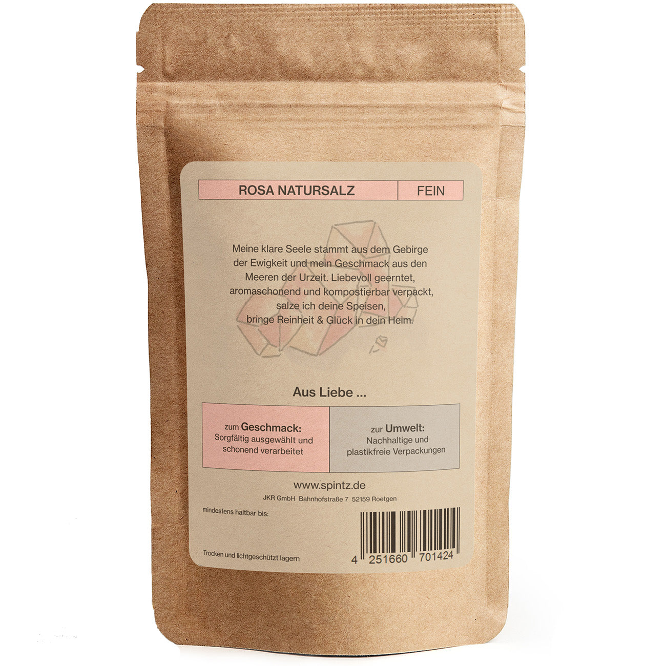 Rueckseite von Spintz Rosa Natursalz fein im kartonfarbenen, plastikfreien Doypack vor weissem Hintergrund