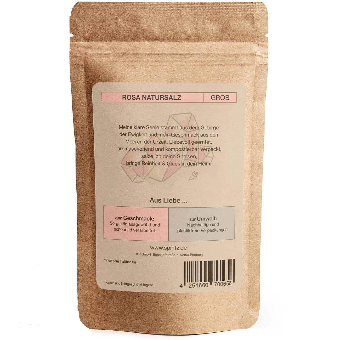 Rueckseite von Spintz Rosa Natursalz grob im kartonfarbenen, plastikfreien Doypack vor weissem Hintergrund