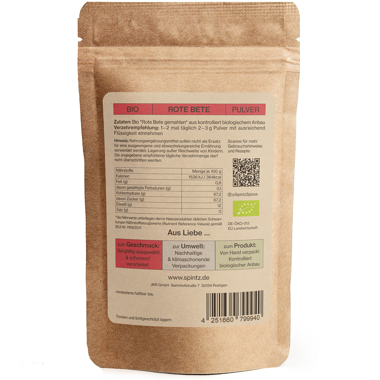 Rueckseite von Spintz Bio-Rote Bete Pulver im kartonfarbenen Doypack vor weissem Hintergrund