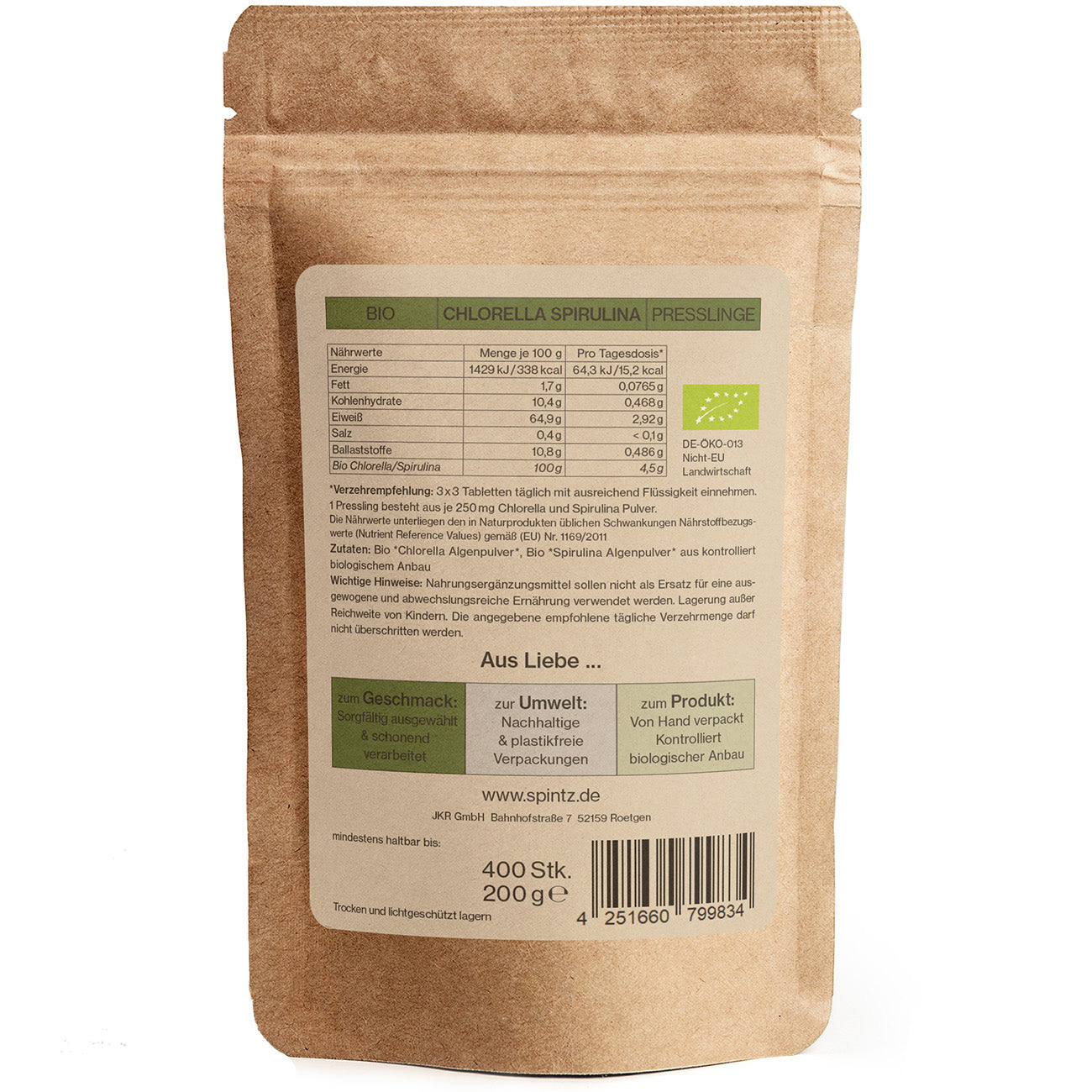 Rückseite der SPINTZ Bio Chlorella Spirulina Verpackung mit Nährwertangaben und Bio-Zertifizierung