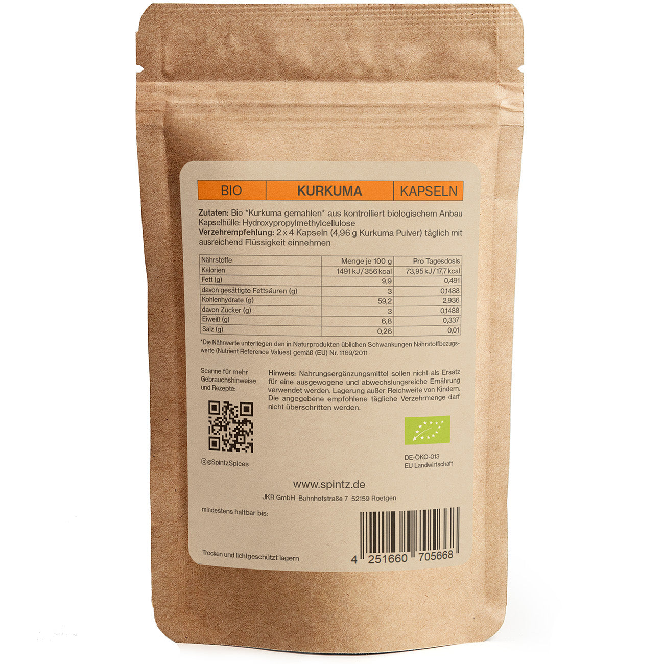 Rückseite der SPINTZ Bio Kurkuma Verpackung mit Inhaltsstoffen, Nährwerten und Bio-Zertifikat