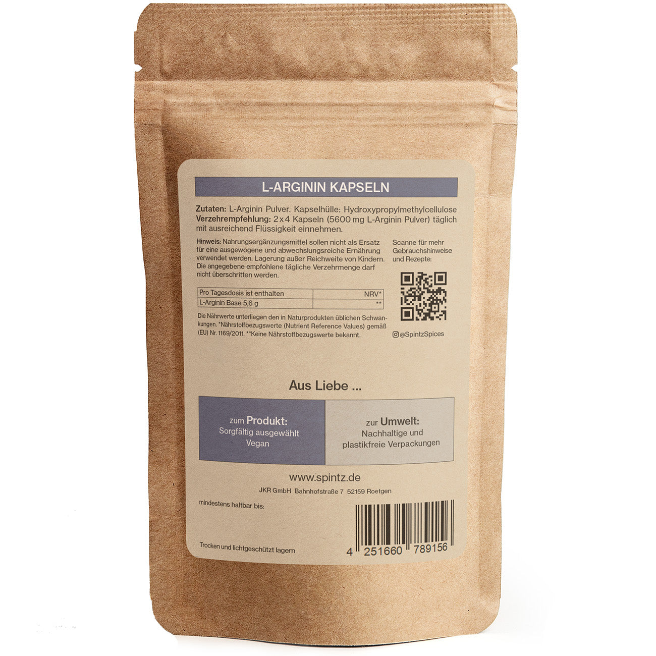Rückseite der SPINTZ L-Arginin Kapseln – Nährwertangaben, Einnahmeempfehlung und nachhaltige Verpackung aus Kraftpapier