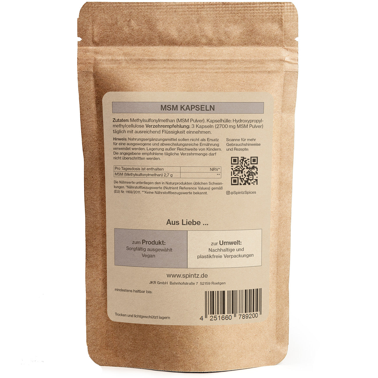 Rückseite der SPINTZ MSM Kapseln Verpackung mit Inhaltsangaben und Verzehrempfehlung