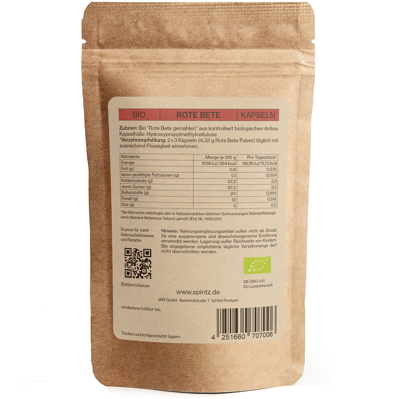 Rückseite der SPINTZ Bio Rote Beete Kapseln – detaillierte Nährwertangaben, Einnahmeempfehlung und nachhaltige Verpackung aus Kraftpapier