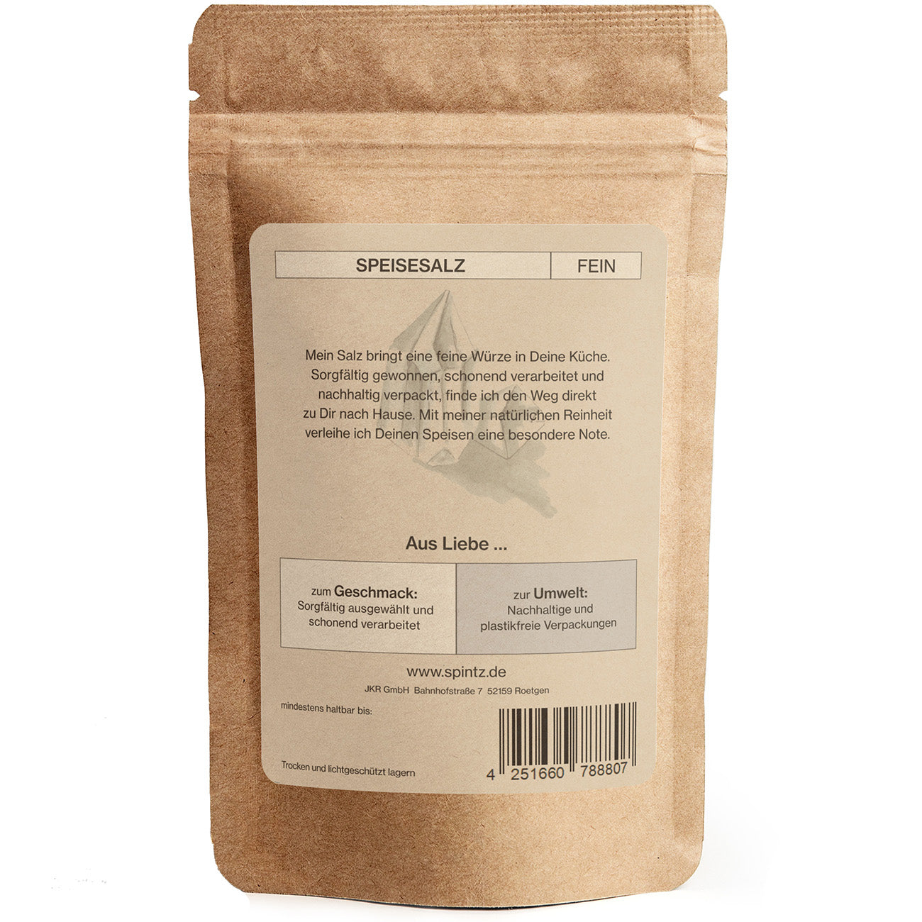 Rückseite der SPINTZ Speisesalz Verpackung mit Produktbeschreibung, Anwendung und Herkunft