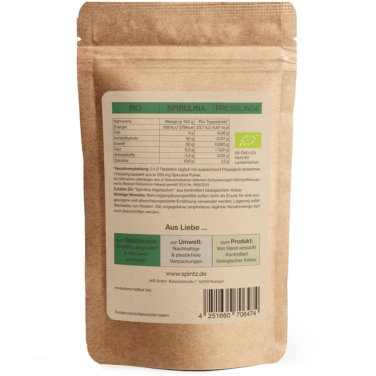 Rueckseite von Spintz Bio-Spirulina Presslinge im kartonfarbenen, plastikfreien Doypack vor weissem Hintergrund