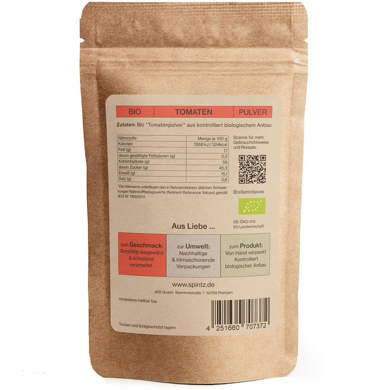 Rueckseite von Spintz Bio-Tomatenpulver im kartonfarbenen Doypack vor weissem Hintergrund