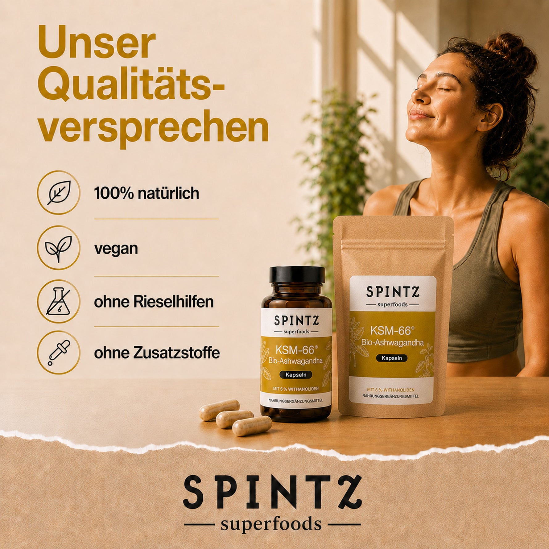SPINTZ KSM-66 Ashwagandha Kapseln mit Qualitätsmerkmalen wie vegan, ohne Zusatzstoffe und ohne Gentechnik