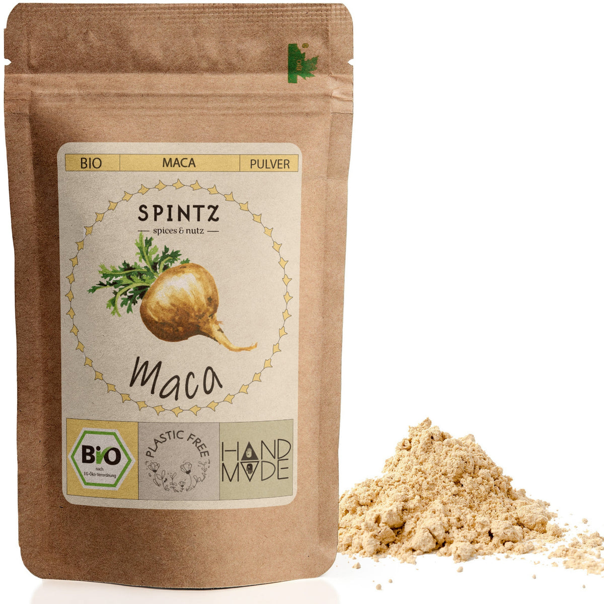 SPINTZ Maca Pulver im umweltfreundlichen Doypack – naturbelassenes Bio-Pulver aus der Maca-Wurzel