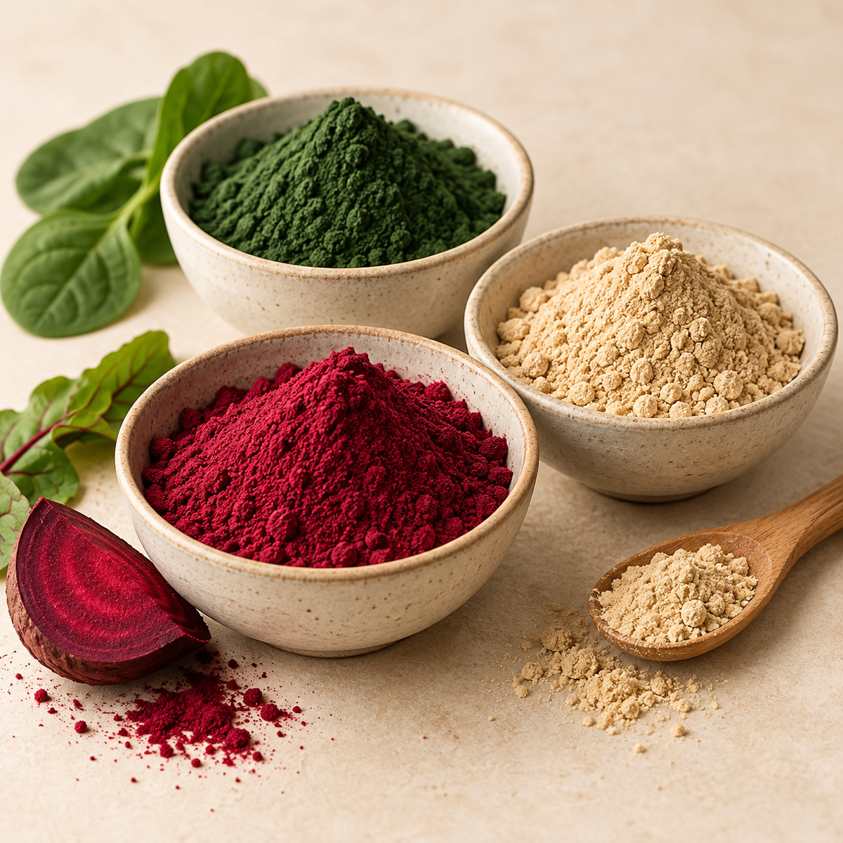 Drei Schalen mit rotem, grünem und beigem Superfood-Pulver auf hellem Naturhintergrund